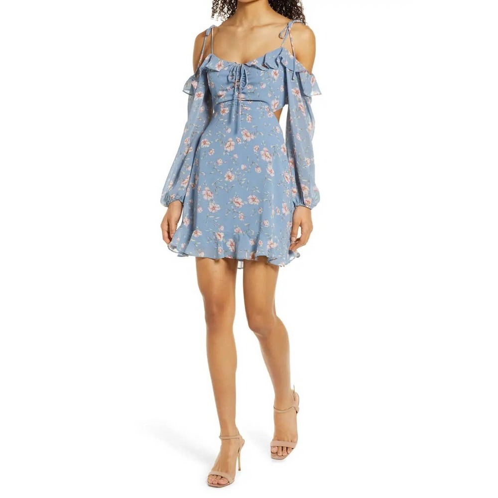 FLORET STUDIOS Cold Shoulder Tie Front Mini Dress Blue Pink Open Back Size M NWT